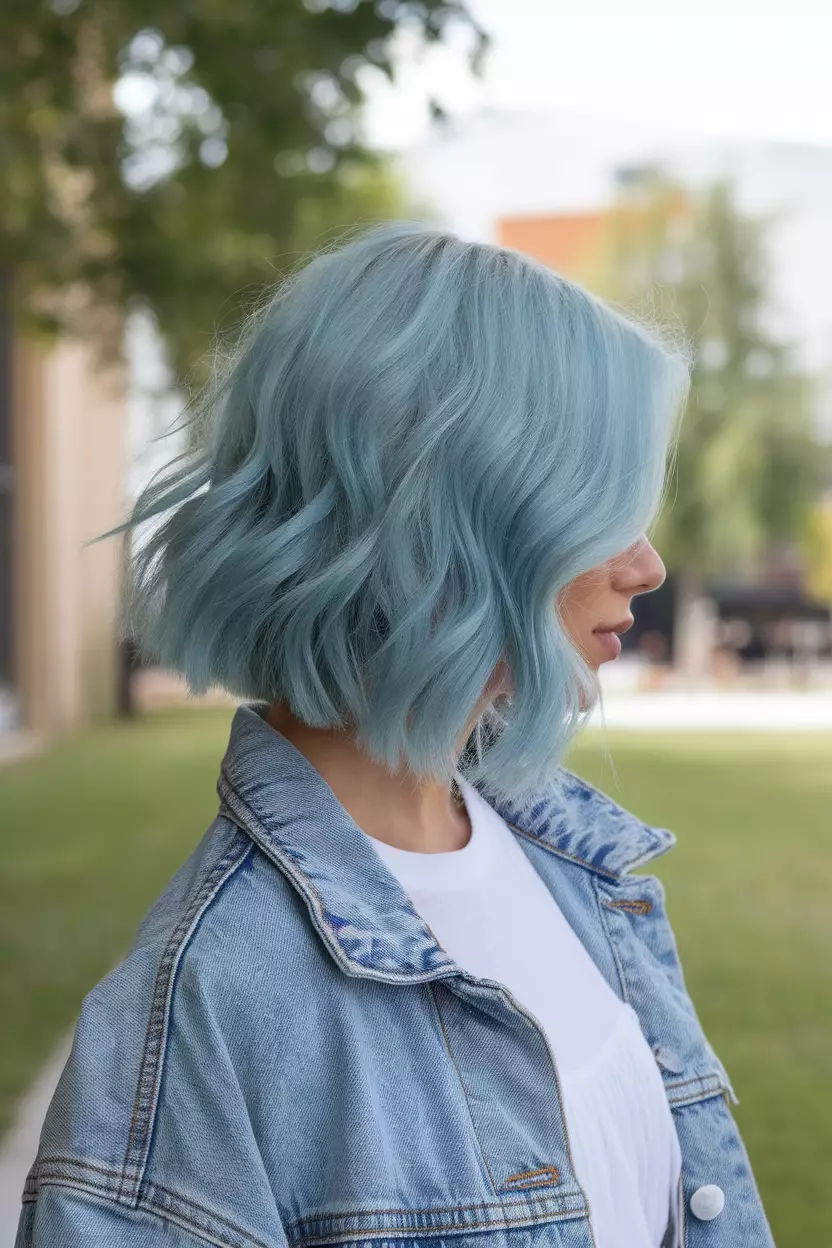 Denim Blue A beautiful woman with a denim blue choppy bob hairstyle, Side view, summer background