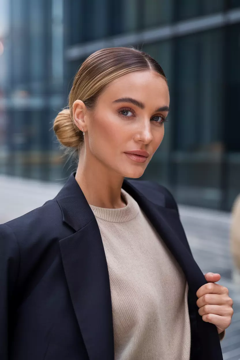 A beautiful woman with a Sleek Low Bun, side view, cityscape background