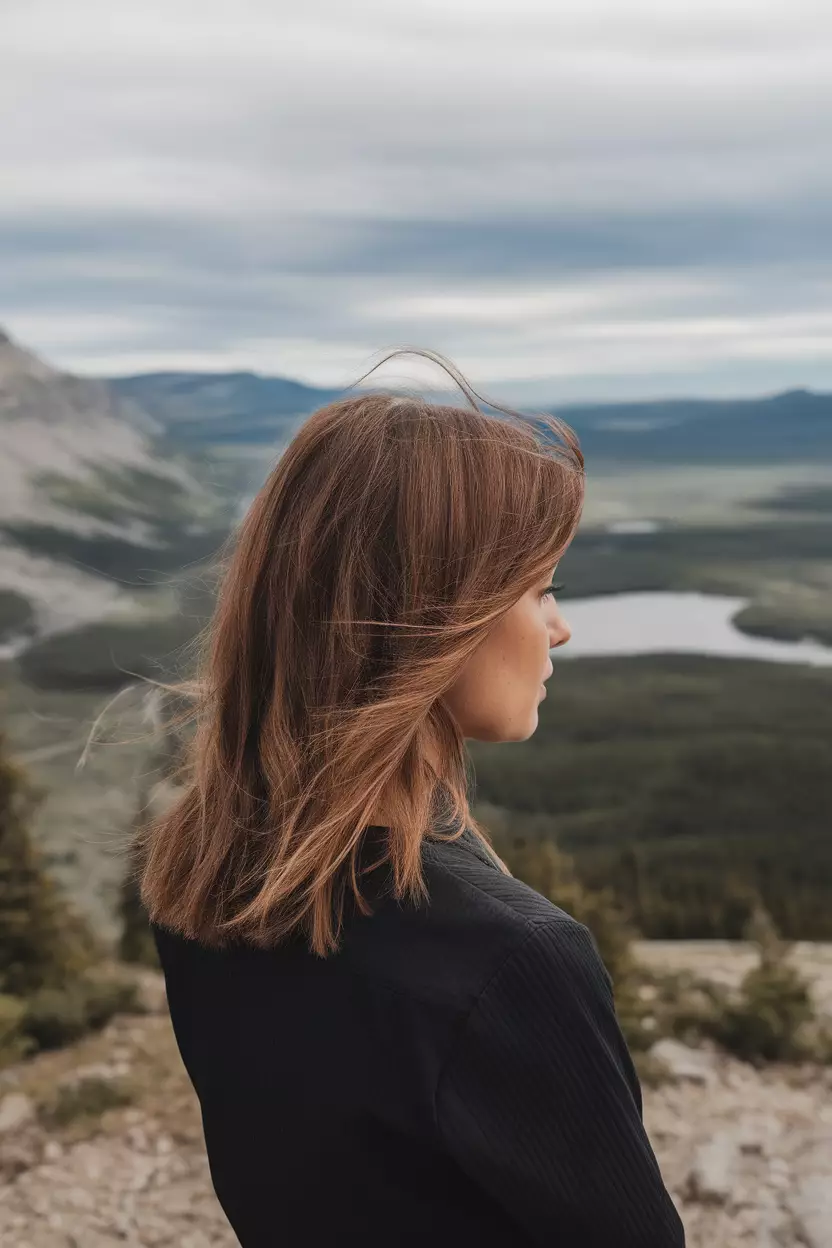 A beautiful woman with medium hair in V-cut layers, back view, mountain overlook background