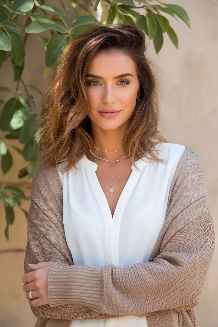 Bronde (Brown + Blonde Mix) A beautiful woman with shoulder-length wavy bronde hair, Front view, summer background