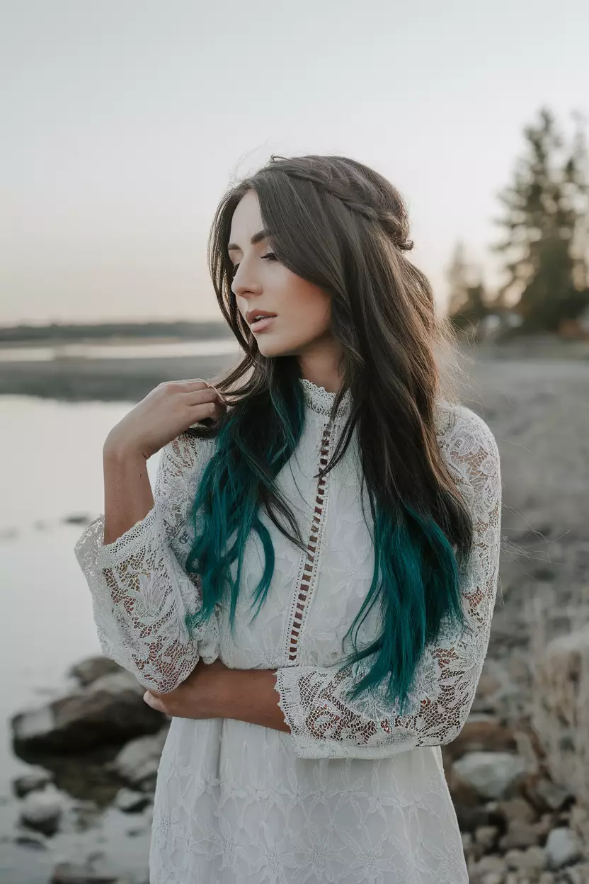 Turquoise Tips A beautiful woman with a long dark hairstyle featuring turquoise tips, Back view, summer background