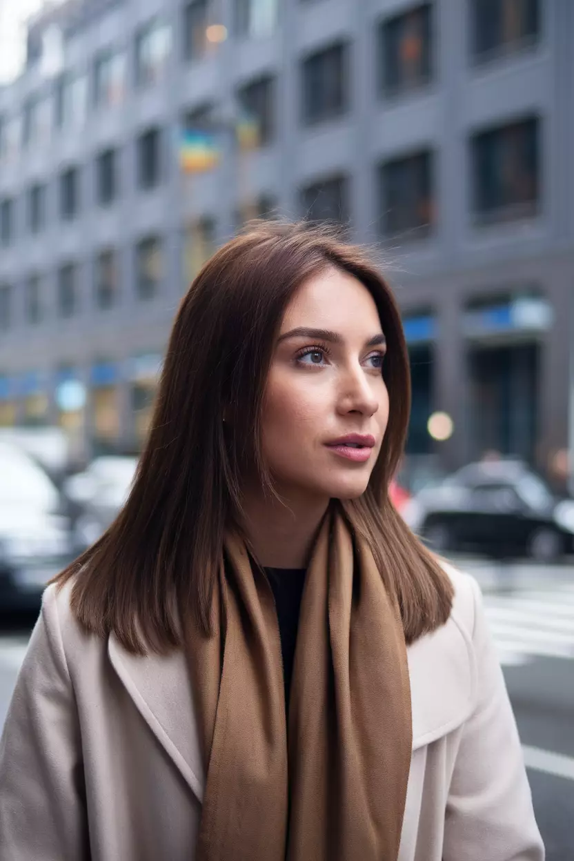 Mushroom Brown A beautiful woman with a medium-length straight mushroom brown hair, Side view, urban street background