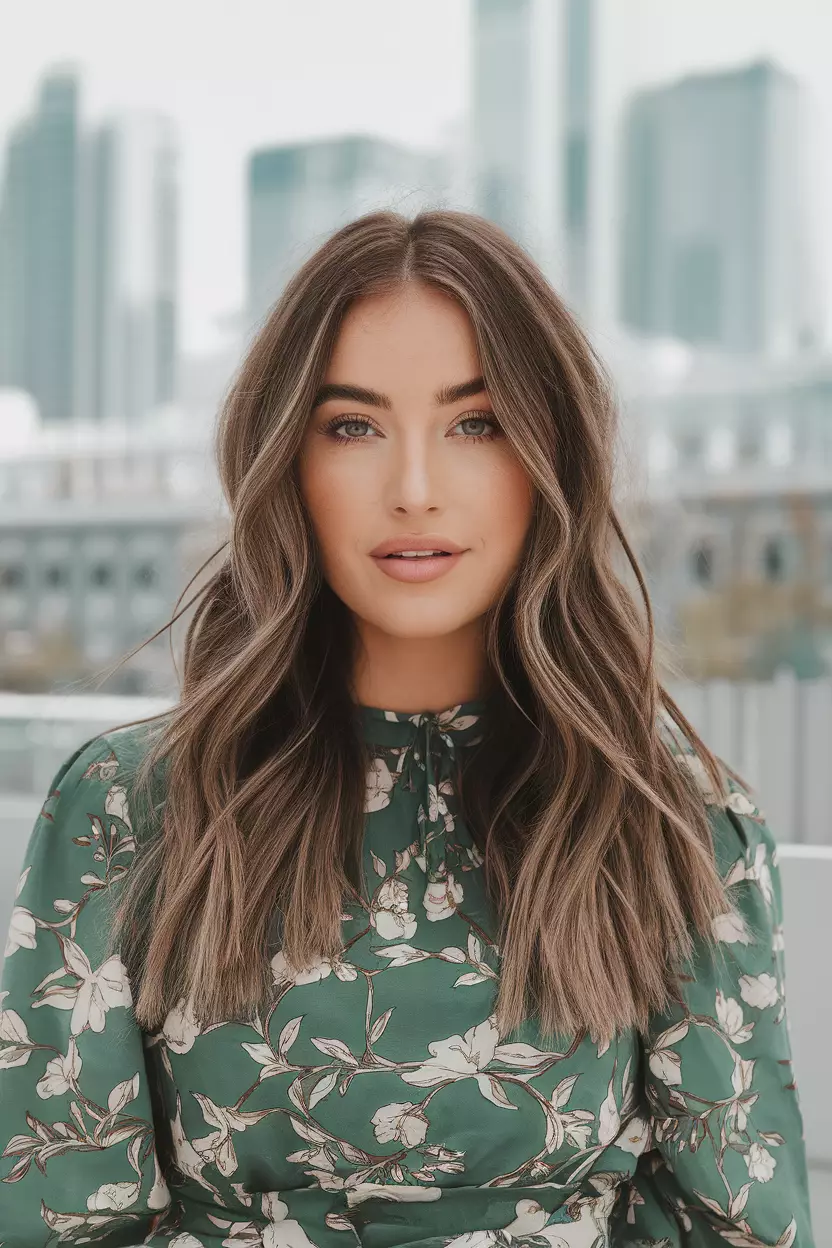 Ash Brown Highlights A beautiful woman with cool-toned brown hair featuring subtle ash brown highlights, Front view, cityscape background with summer haze
