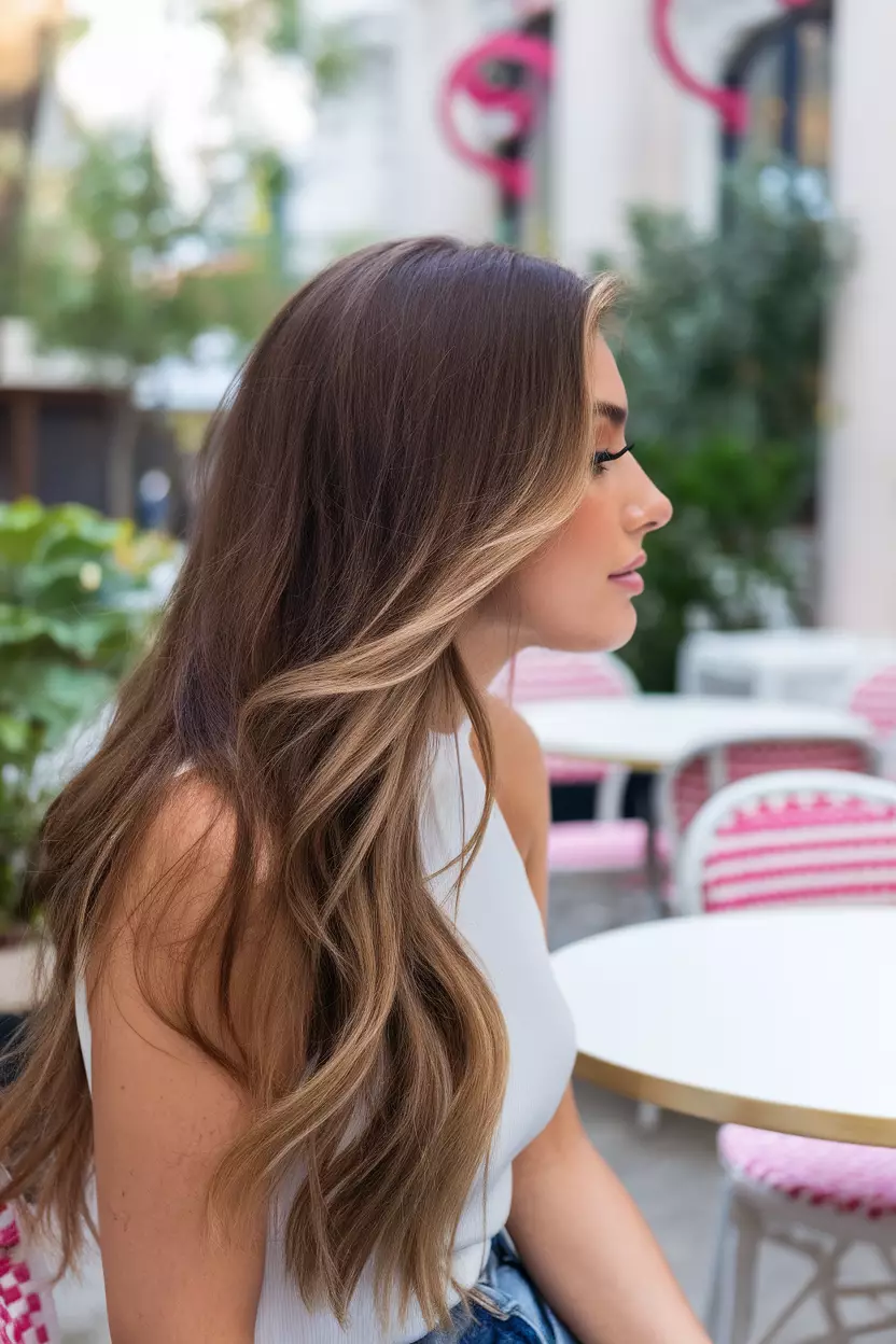 Golden Balayage A beautiful woman with long brown hair showcasing a golden balayage effect with lighter ends and face-framing pieces, Side view, outdoor cafe background