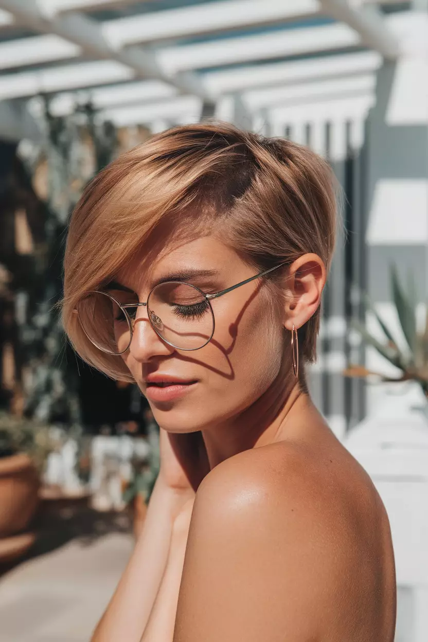 A beautiful woman with a Side-Swept Pixie, Side view, sunny patio background