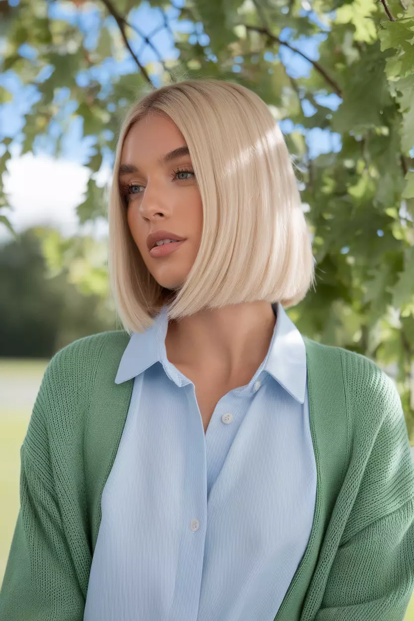 Pearl Blonde A beautiful woman with a sleek pearl blonde bob, Front view, summer background
