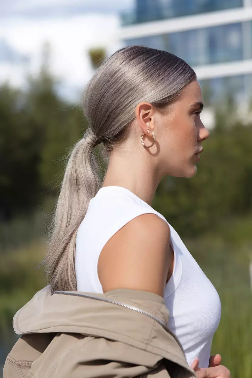 Silver Blonde A beautiful woman with sleek, silver blonde hair tied in a low ponytail, Side view, summer background