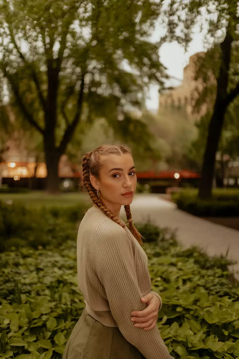A beautiful woman with a Dutch Braids (Pigtails) hairstyle, back view, park background