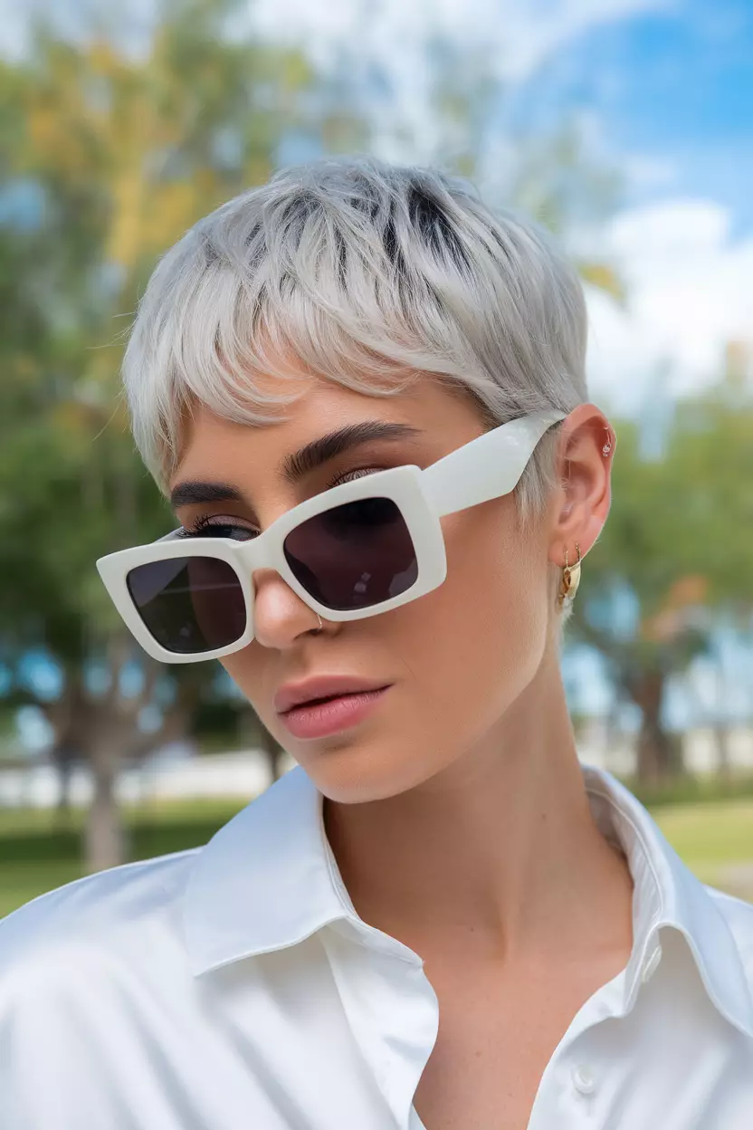 Silver Ash Blonde A beautiful woman with a short silver ash blonde pixie cut, Side view, summer background