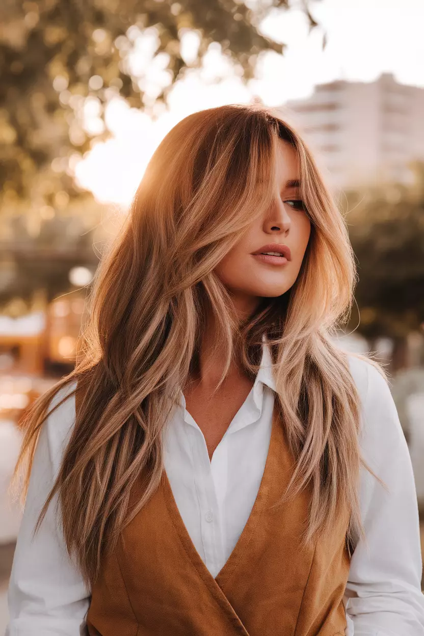 Golden Hour Glow A beautiful woman with a golden hour glow long layered hairstyle with warm blonde highlights, Front view, summer background