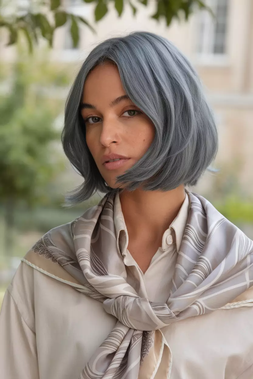 Slate Grey A beautiful woman with a medium-length slate grey hairstyle, Front view, summer background