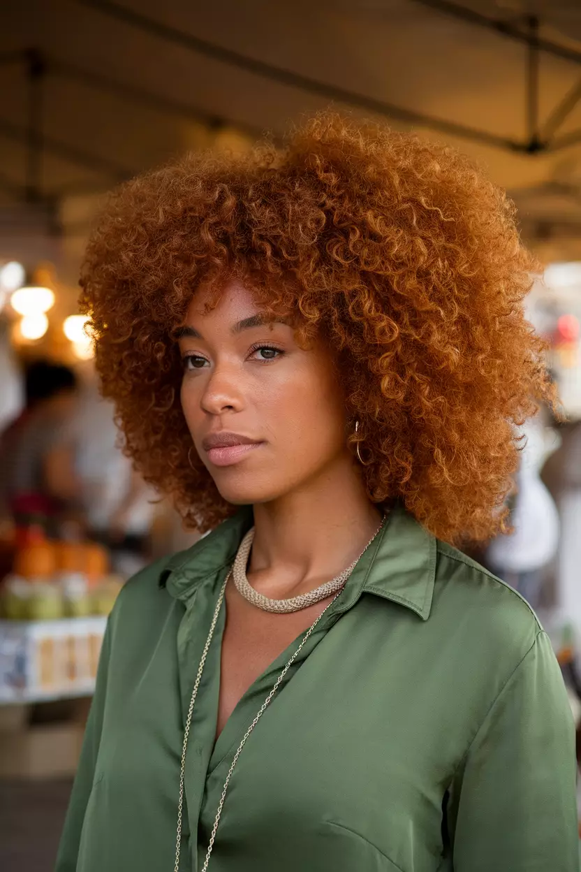 Ginger Spice Afro A beautiful black woman with a voluminous ginger spice afro, front view, warm outdoor market background