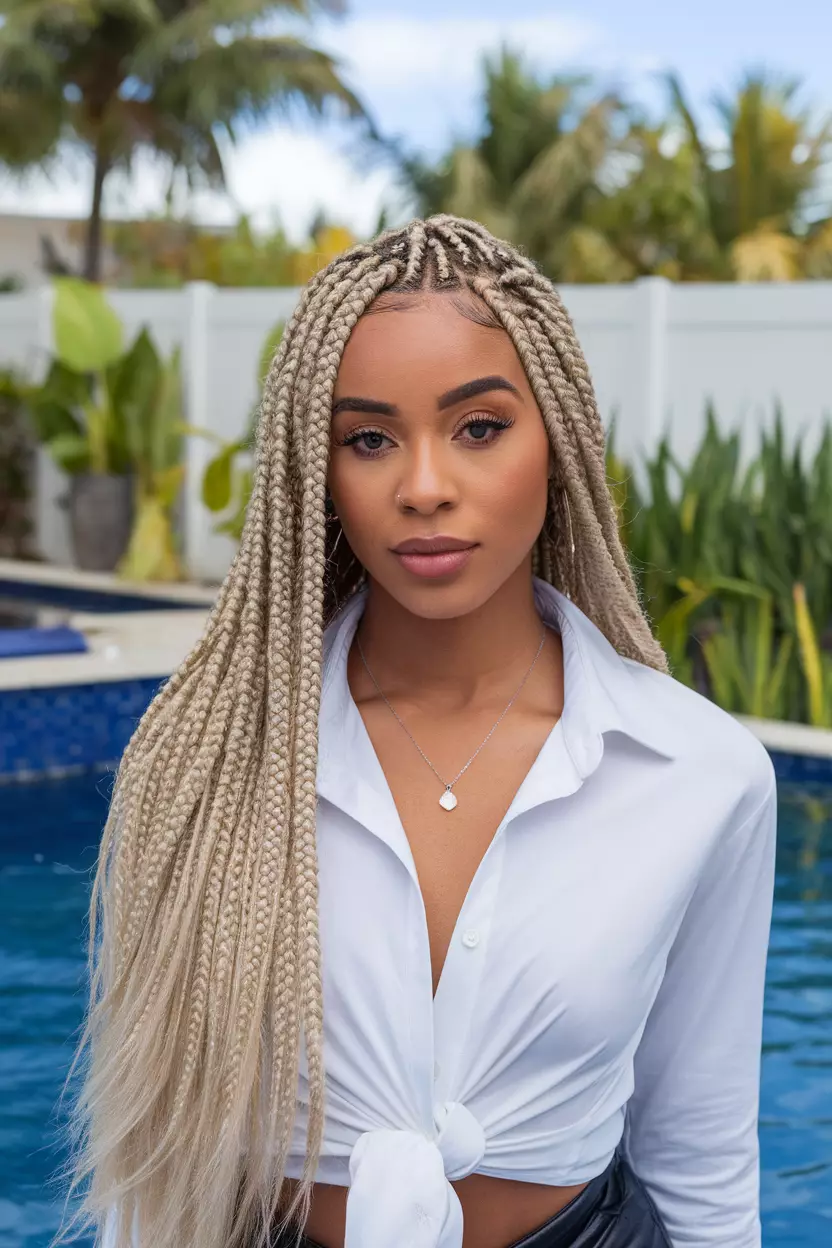 Platinum Blonde Braids A beautiful black woman with long platinum blonde box braids, front view, tropical poolside background