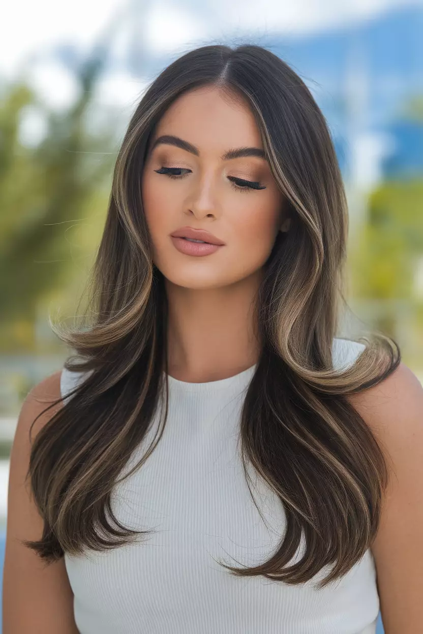 Espresso Swirl A beautiful woman with a long espresso swirl hairstyle with dark brown base and lighter brown highlights, Back view, summer background