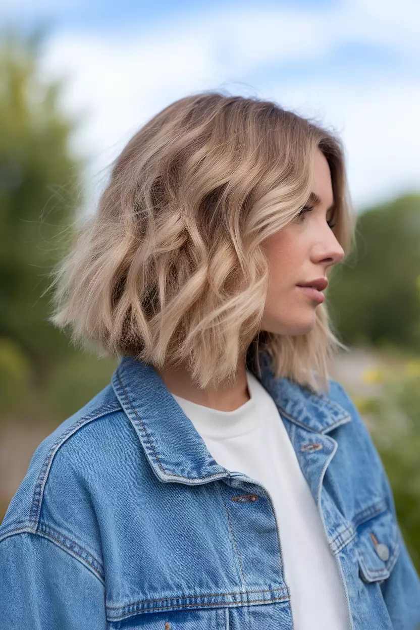 Pearl Blonde A beautiful woman with shoulder-length pearl blonde hair with soft waves, Side view, summer background