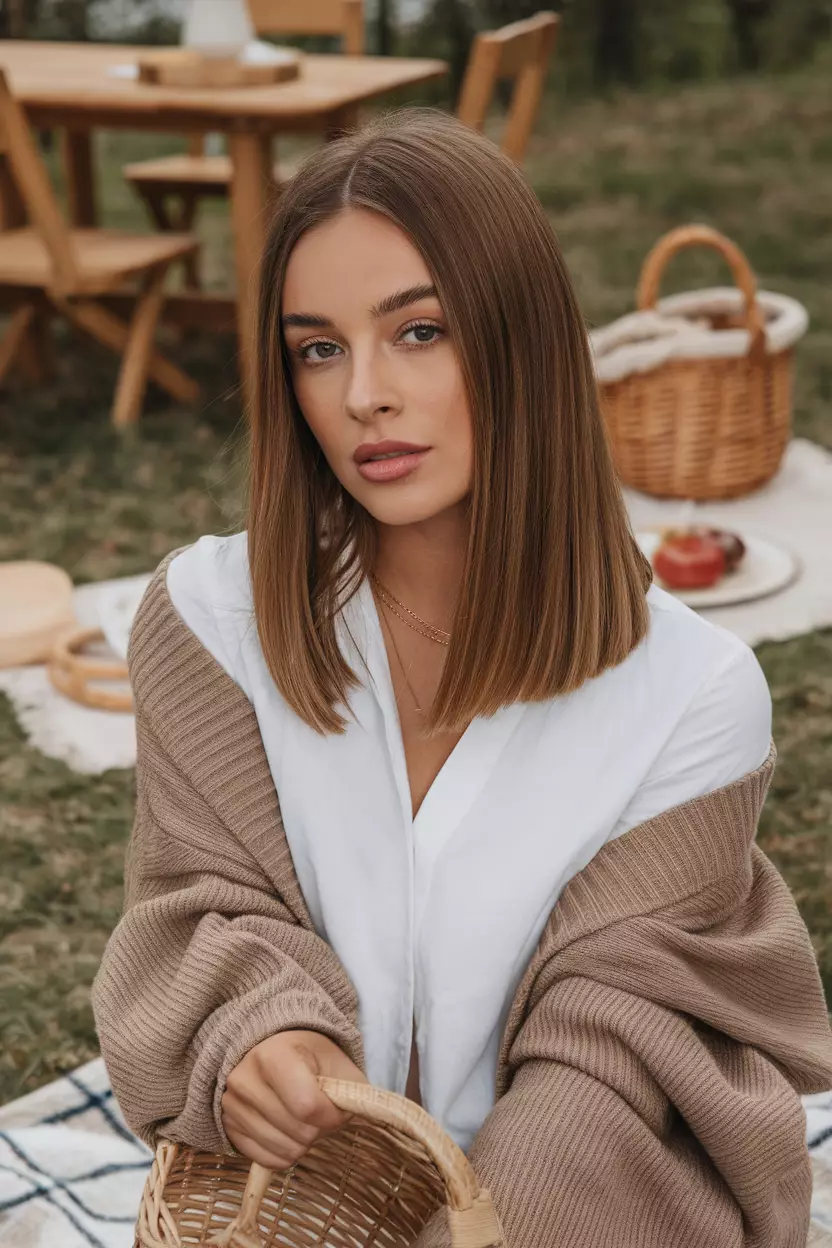 Hazelnut Brown A beautiful woman with a shoulder-length straight hazelnut brown hair, Front view, picnic setting background