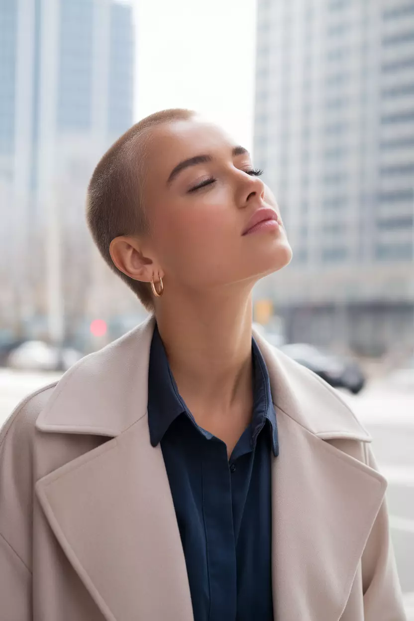 A beautiful woman with a Buzz Cut, Side view, bright city street background