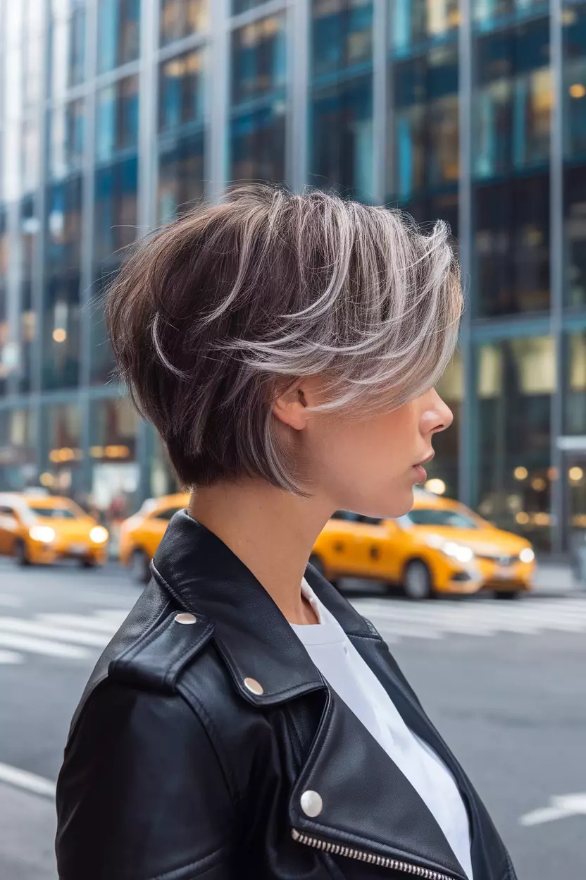 Cool Brown With Silver Tints A beautiful woman with a short, edgy brown hair featuring subtle silver tints, Side view, modern city background
