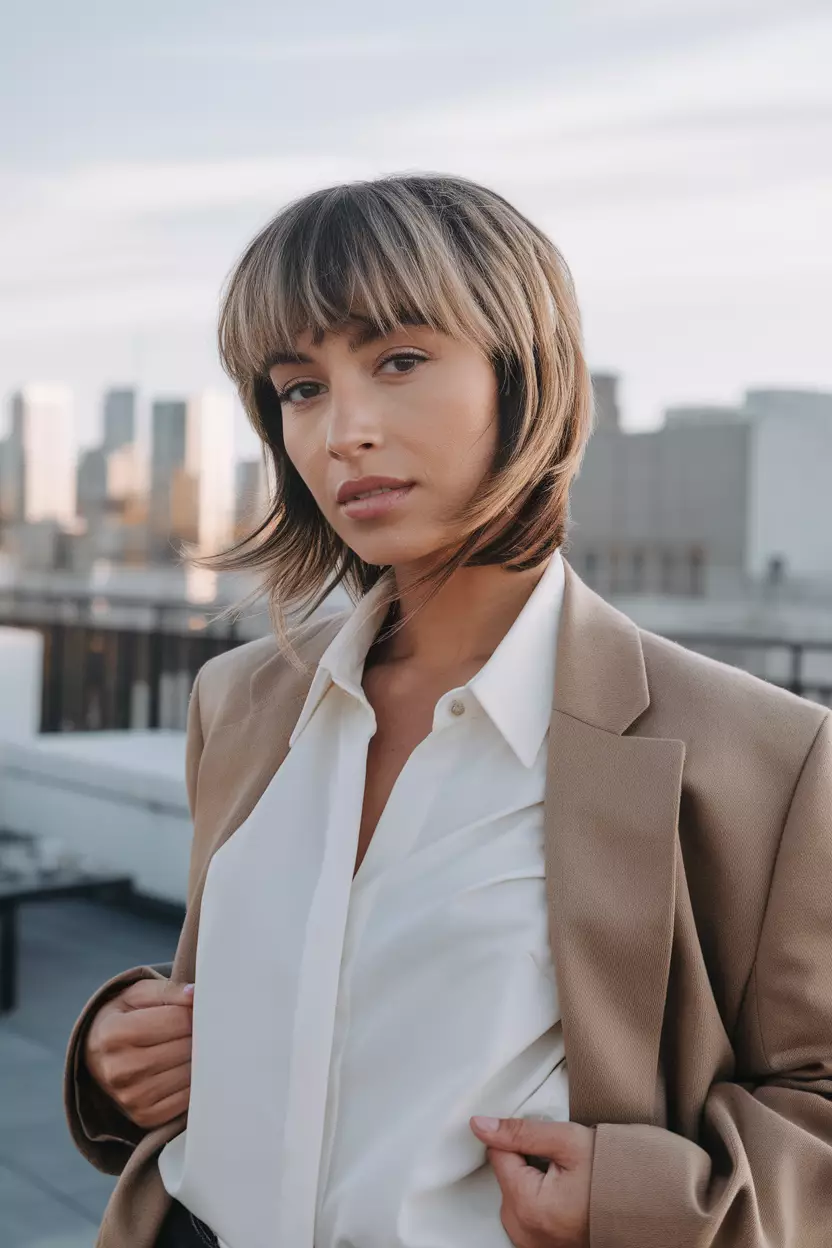 A beautiful woman with a Pixie with Long Bangs, Side view, rooftop terrace background