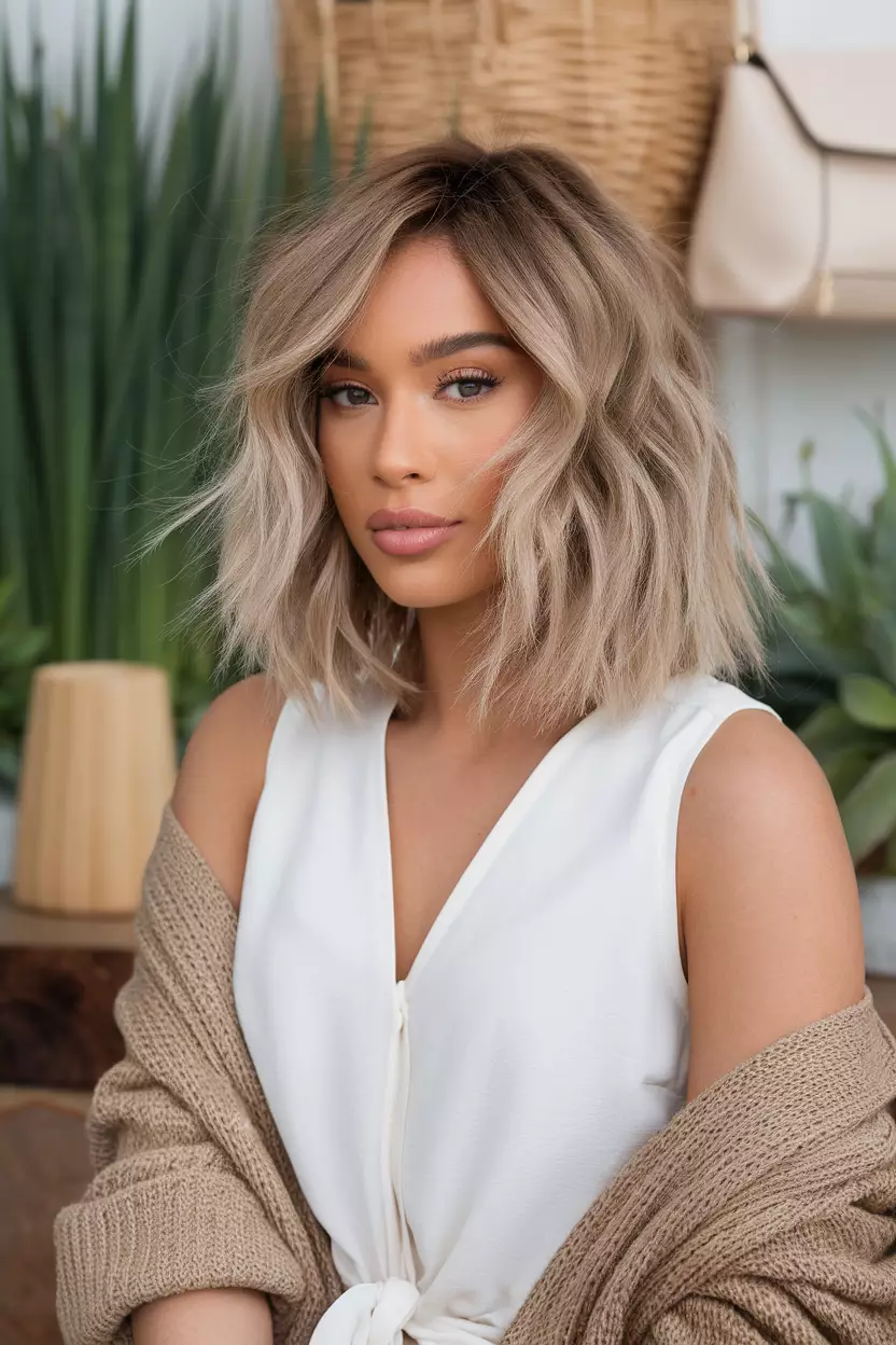 Champagne Blonde A beautiful woman with a champagne blonde wavy lob hairstyle, Front view, summer background