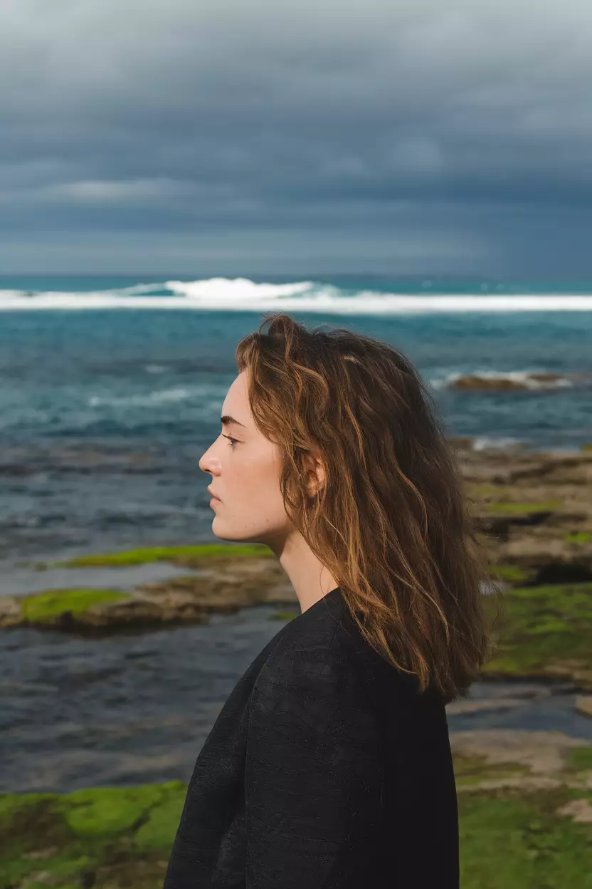A beautiful woman with a wavy collarbone-length haircut, side view, ocean waves background
