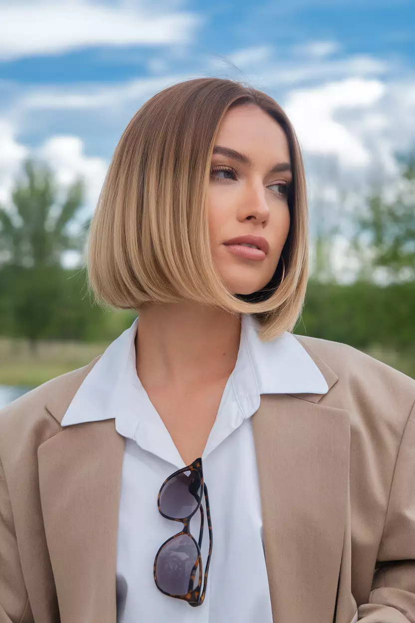 Mushroom Blonde A beautiful woman with a sleek mushroom blonde lob (long bob), Side view, summer background