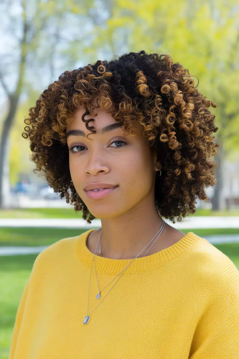 Sun Kissed Brown Curls A beautiful black woman with sun-kissed brown highlights on natural curls, front view, bright park background