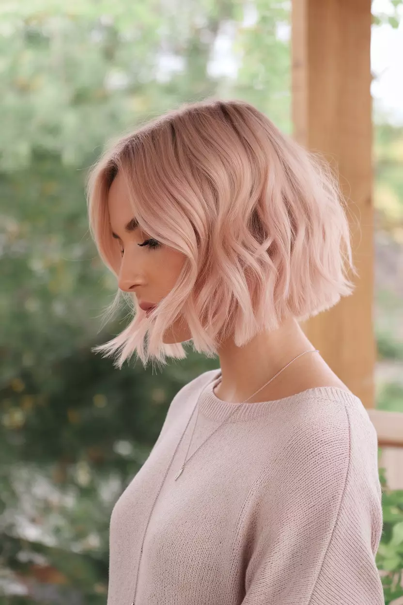 Pastel Pink Wash A beautiful woman with a pastel pink wash short bob hairstyle, Side view, summer background