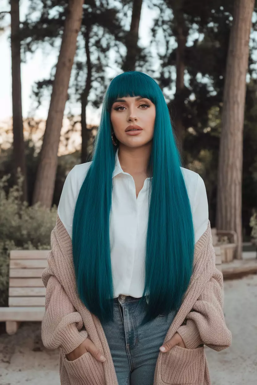 Deep Sea Blue A beautiful woman with a deep sea blue long straight hairstyle, Back view, summer background