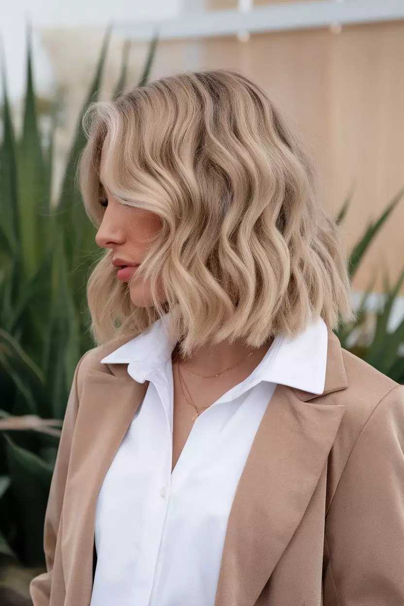 Champagne Blonde A beautiful woman with a glamorous wavy champagne blonde hairstyle, Side view, summer background