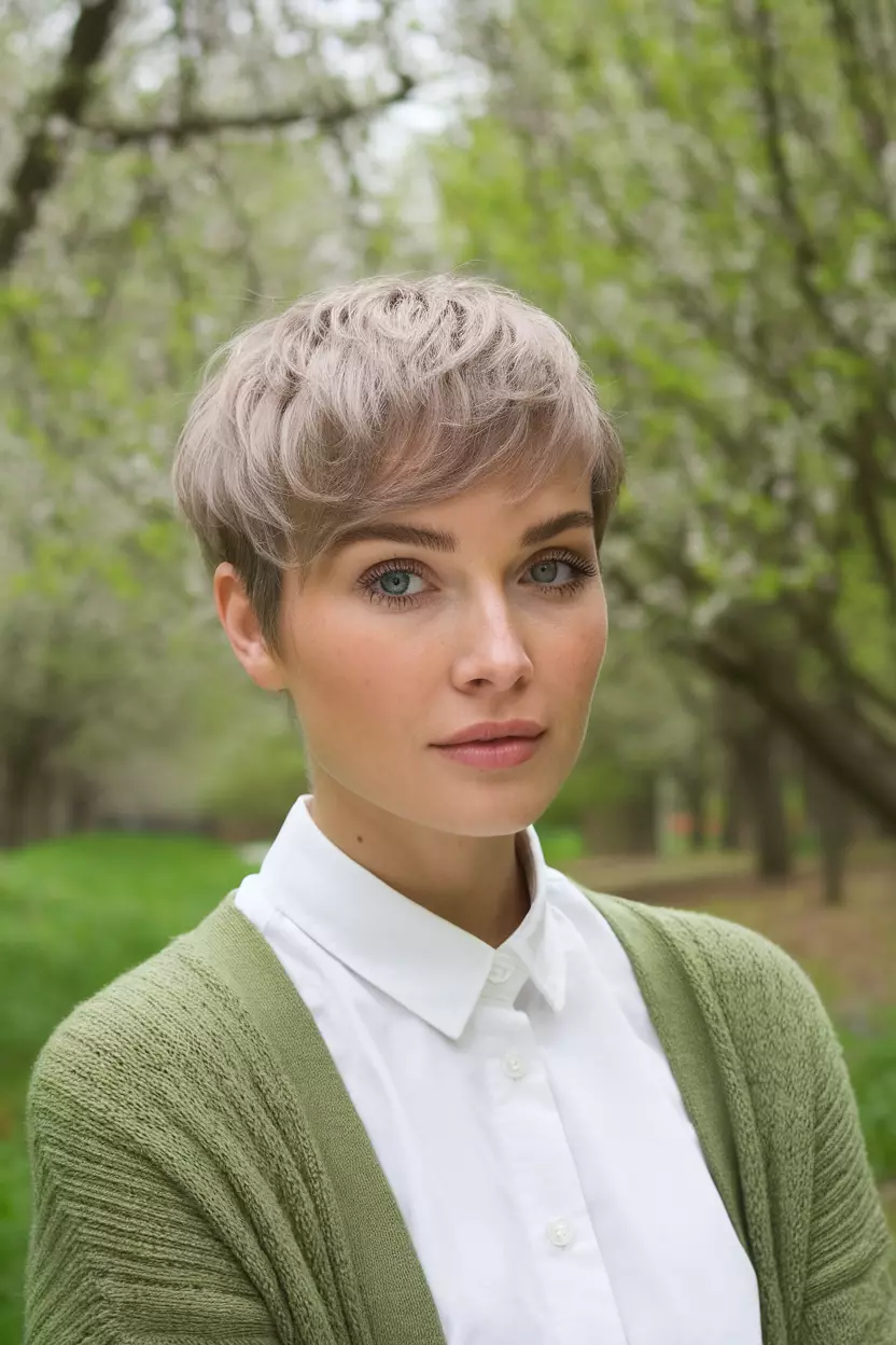 Light Ash Brown A beautiful woman with a light ash brown pixie cut, Side view, summer background