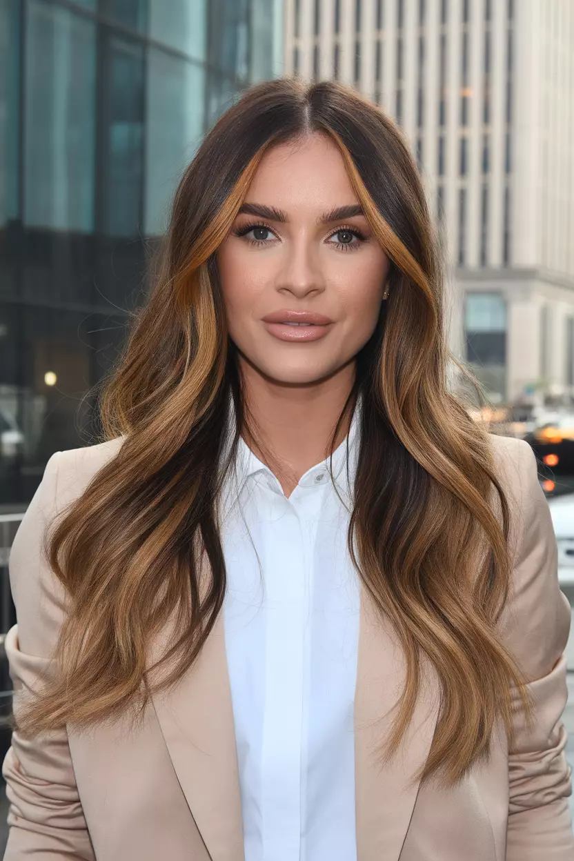 Golden Brown Balayage A beautiful woman with a long brown hair featuring golden brown balayage, Back view, cityscape background