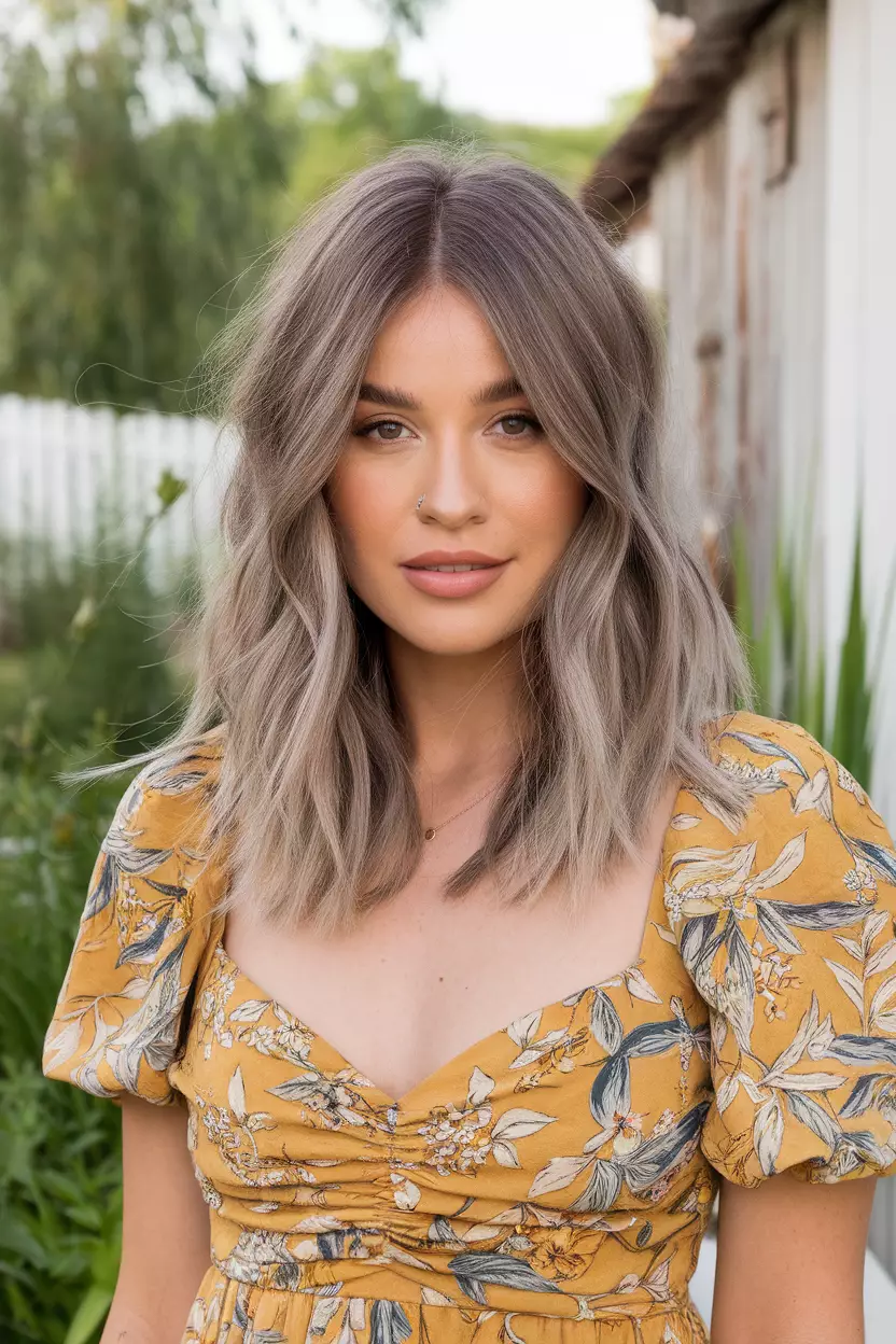 Ash Blonde A beautiful woman with medium-length ash blonde hair with subtle layers, Front view, summer background