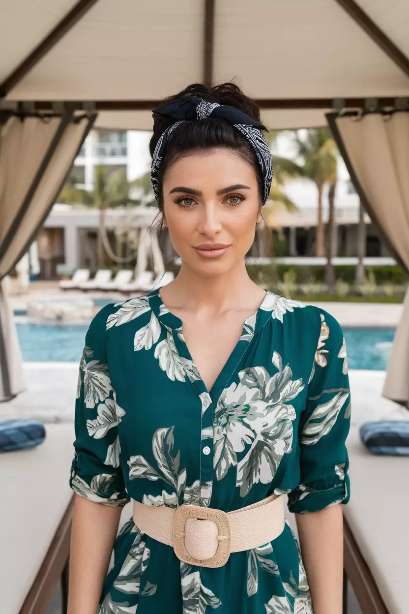 A beautiful woman with a Bandana Updo, front view, poolside cabana background