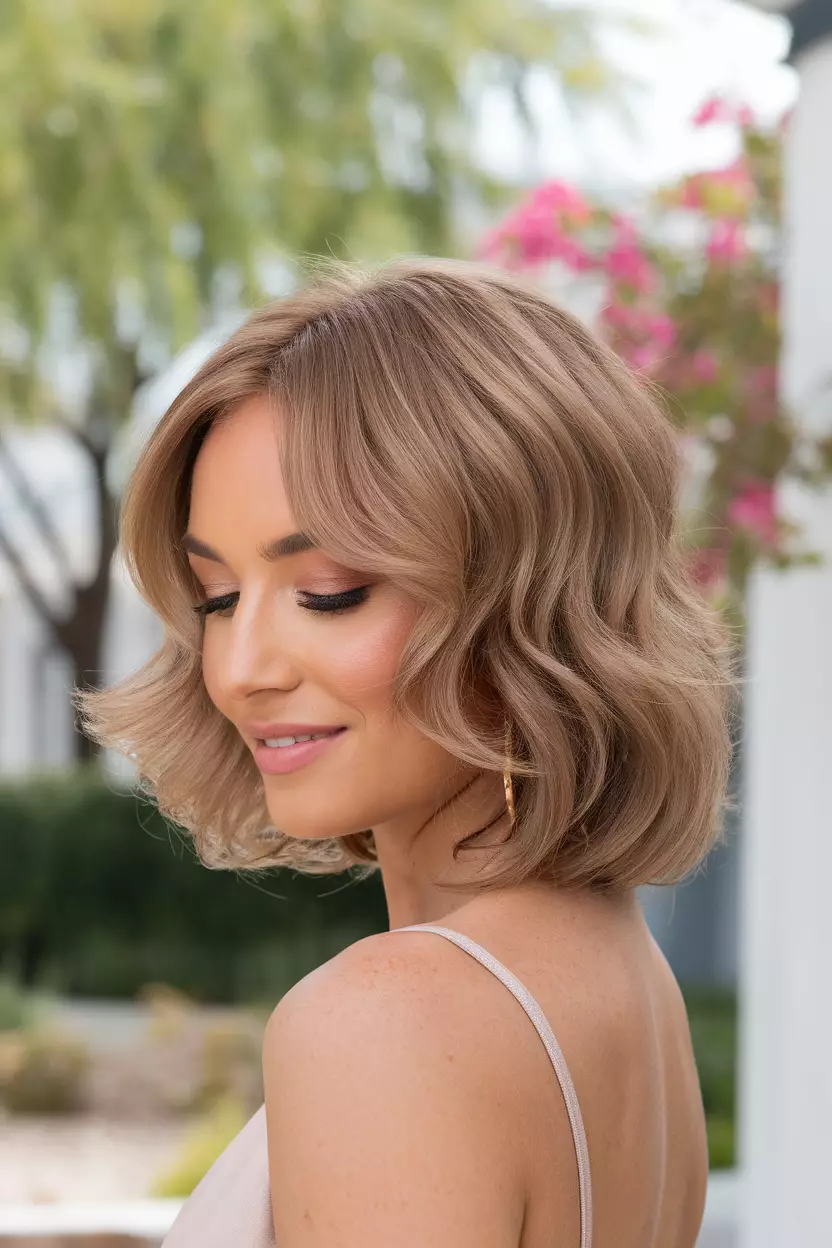Orchard Gold A beautiful woman with an orchard gold medium-length hairstyle with soft waves, Front view, summer background