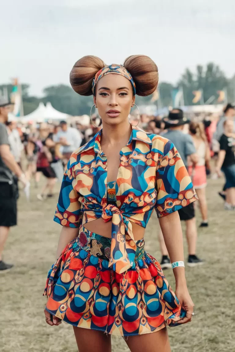 A beautiful woman with a Space Buns, front view, music festival background