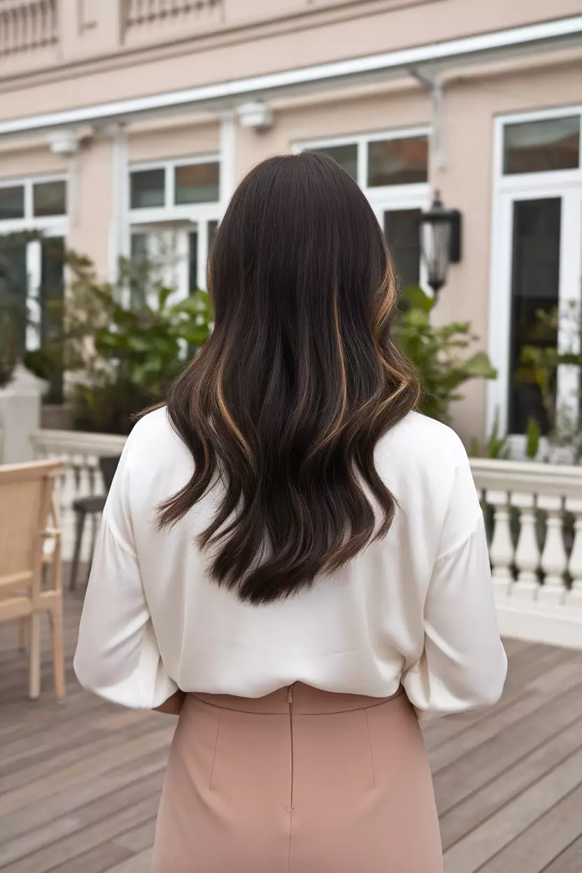 Espresso With Fine Gold A beautiful woman with very dark espresso brown hair featuring extremely fine gold highlights, Back view, elegant patio background