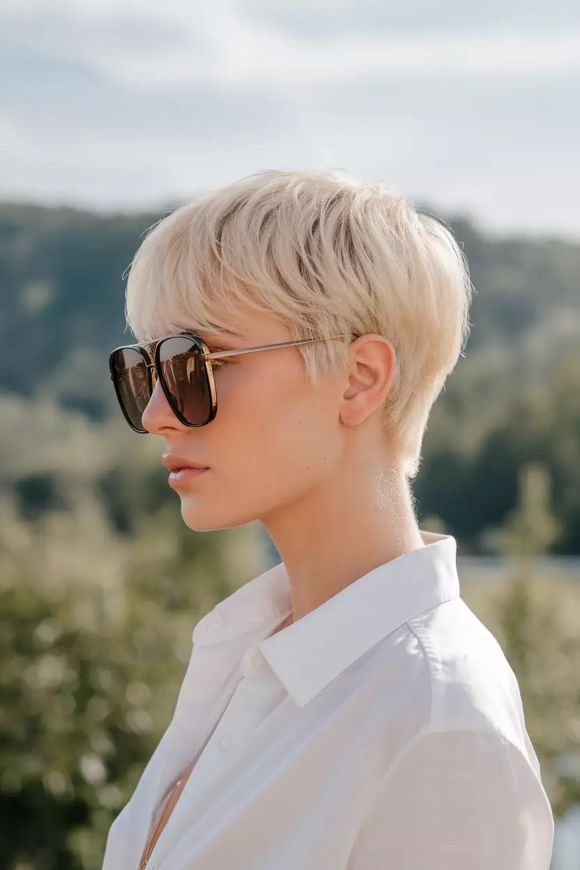 Champagne Blonde A beautiful woman with a chic champagne blonde pixie cut, Side view, summer background