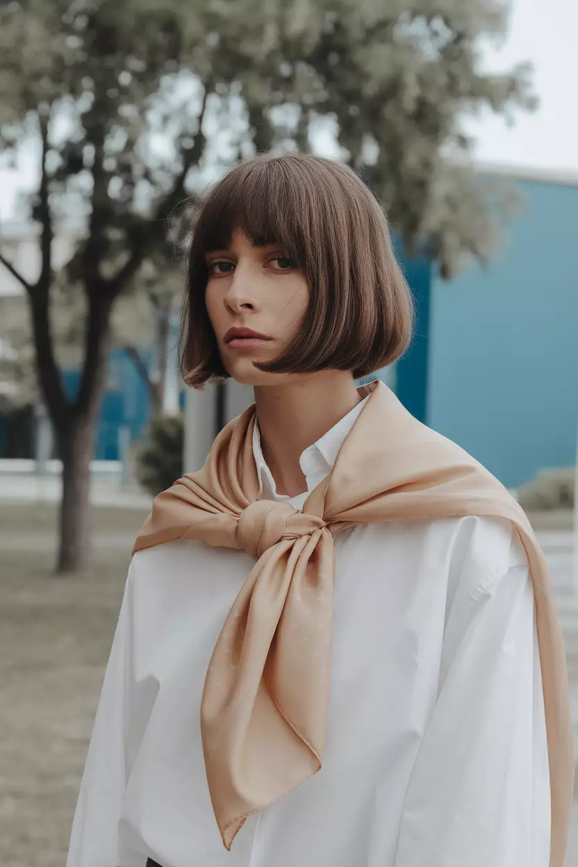 A beautiful woman with a Blunt Bob, Front view, minimalist summer outdoor setting background
