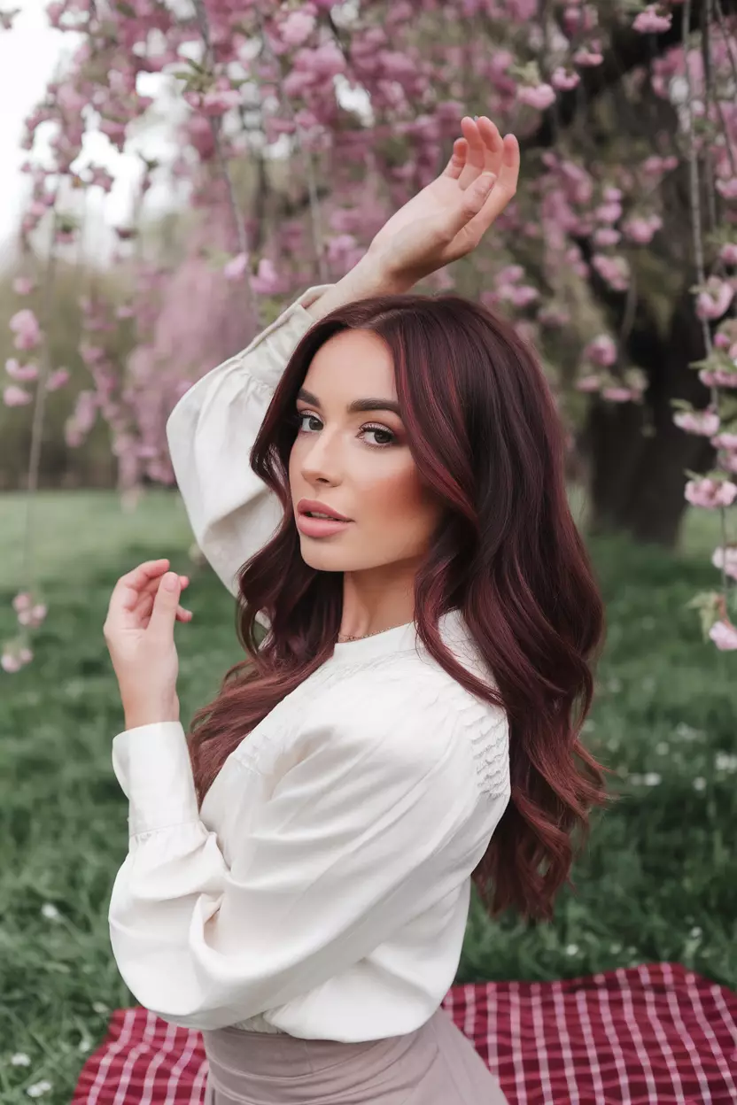 Chocolate Cherry A beautiful woman with deep brown hair showcasing chocolate cherry highlights, Front view, picnic setting background