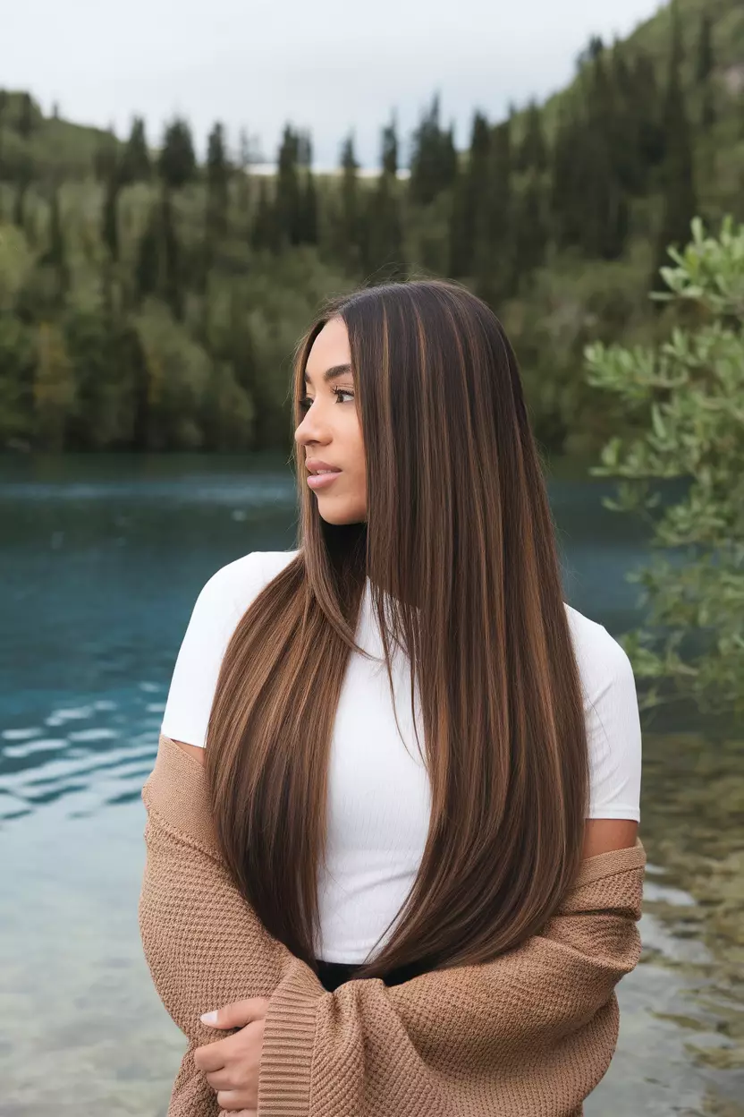 Mocha Brown Gloss A beautiful woman with a long, straight mocha brown hair with a glossy finish, Back view, lake background