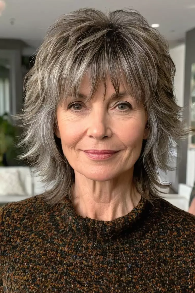 Tousled Shag with Bangs A photo of a 52-year-old Mary, tousled shag haircut with bangs, front view, living room background