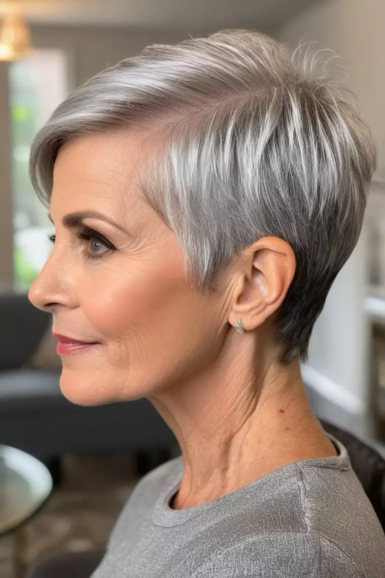 A photo of a 61-year-old Donna, rounded silver pixie haircut, side view, living room background