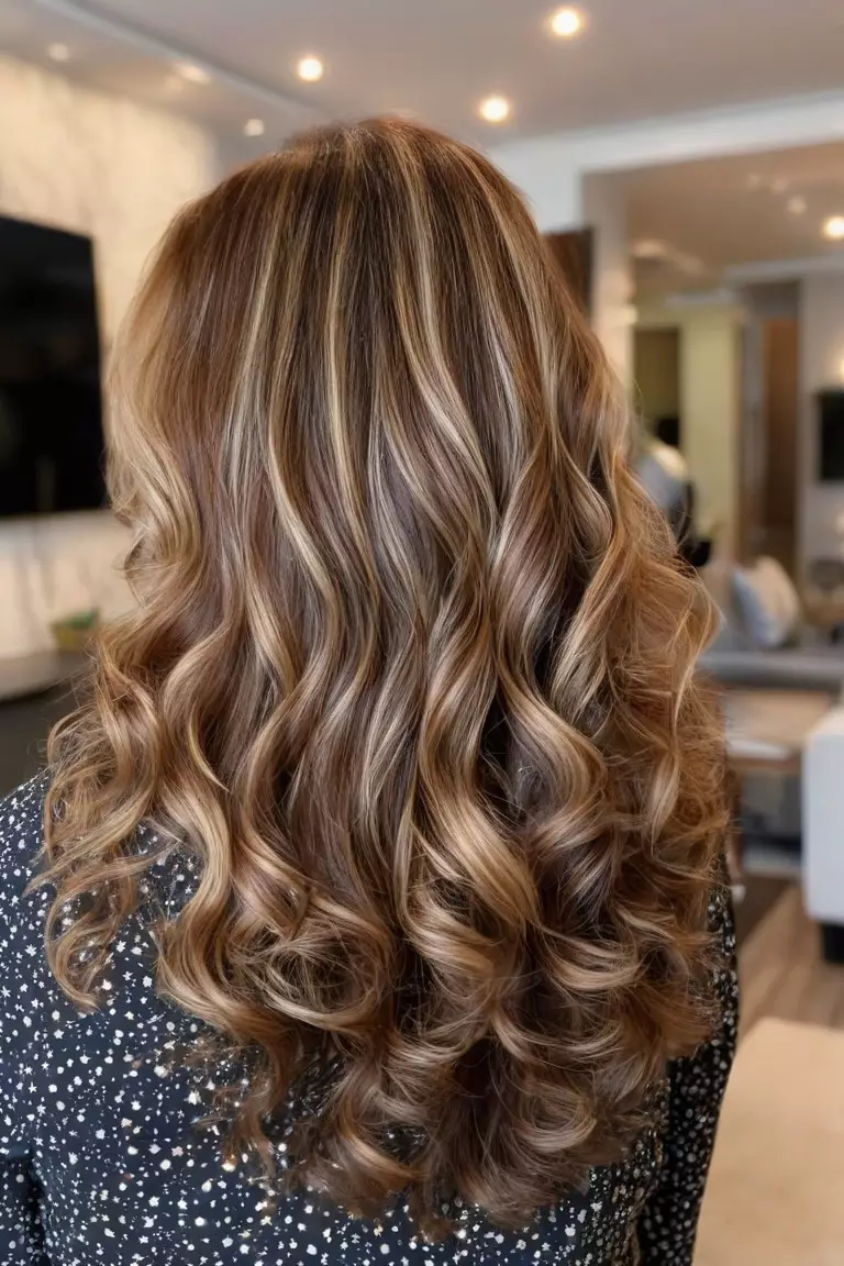Medium-Length Highlighted Waves A photo of a 61-year-old Janet, medium-length wavy hair with caramel highlights, back view, living room background