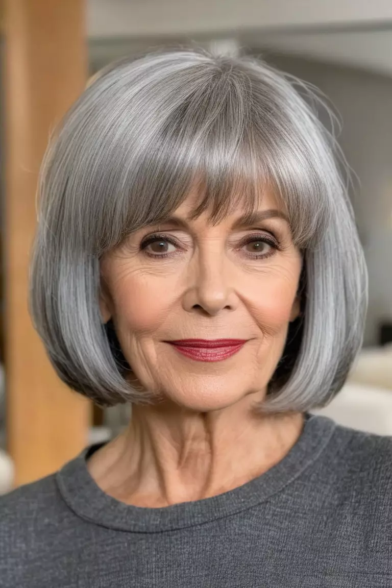 Bob with Side Bangs A photo of a 54-year-old Nancy, silver bob with side bangs, front view, living room background