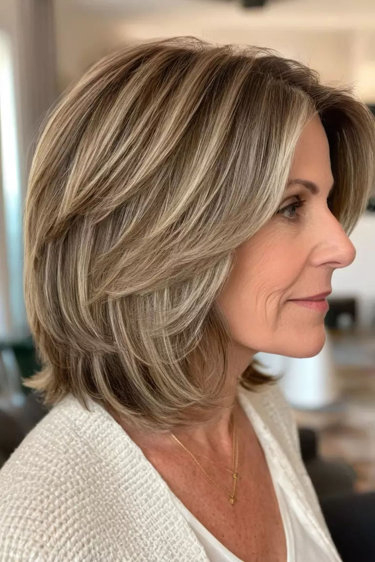 Shoulder-Length Layered Cut A photo of a 55-year-old Laura, shoulder-length layered haircut, side view, living room background
