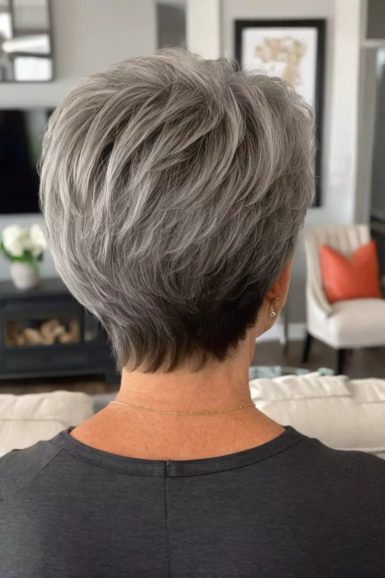Short Tapered Layers A photo of a 55-year-old Michelle, gray short tapered layers, back view, living room background