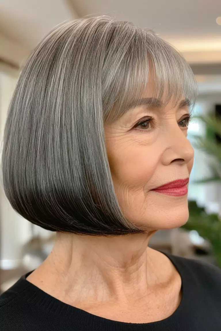A photo of a 63-year-old Helen, sleek chin-length bob, side view, living room background