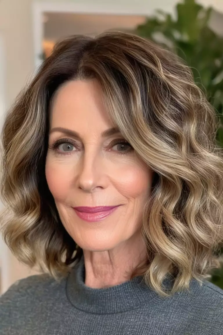 Wavy Long Bob A photo of a 56-year-old Sarah, wavy long bob haircut, front view, living room background