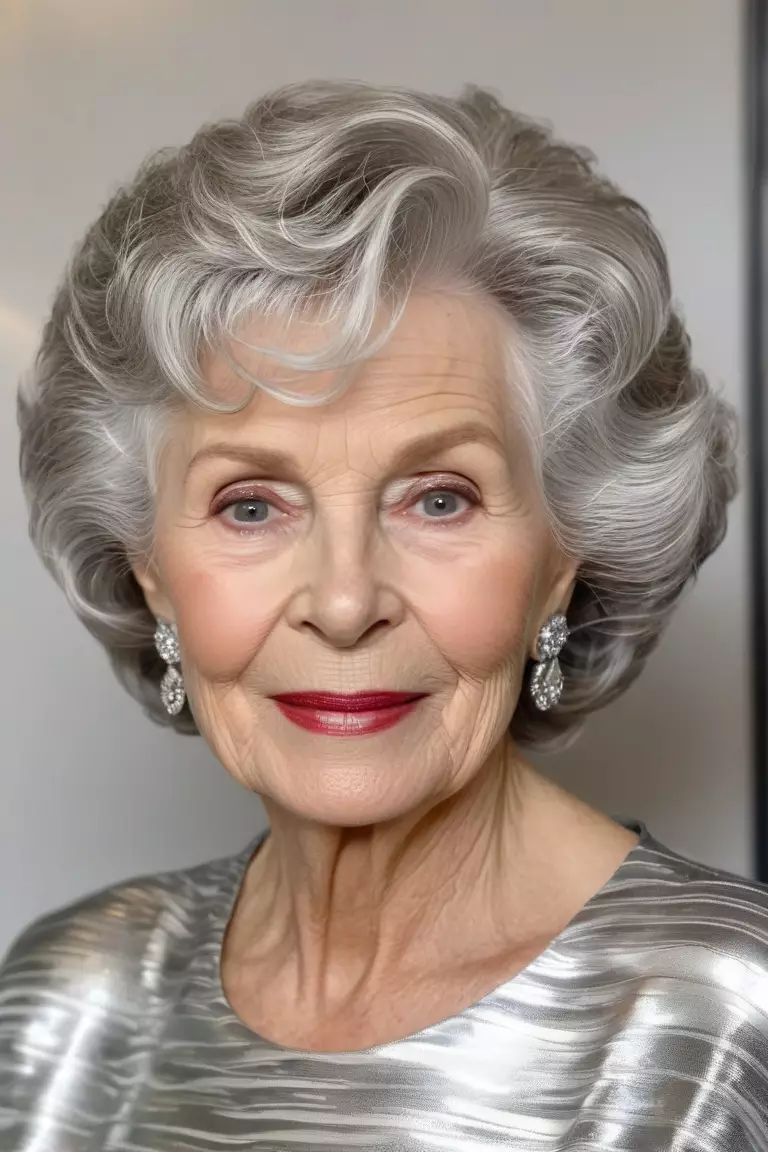 Voluminous Silver Waves A photo of a 69-year-old Margaret, voluminous silver waves with lots of shine, front view, living room background